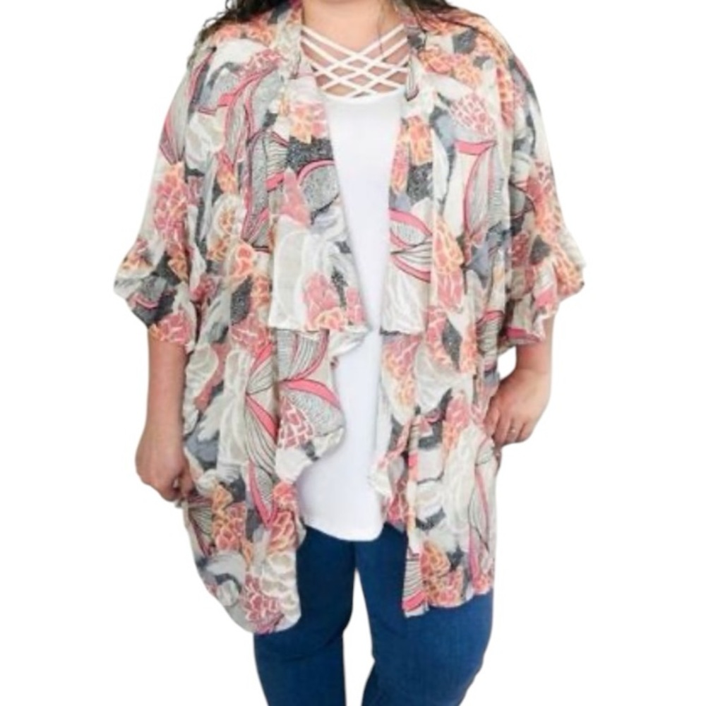 UMGEE Cascade Kimono Ruffle Sleeve Boho Pheasant Open Front Cardigan M/L Coral+